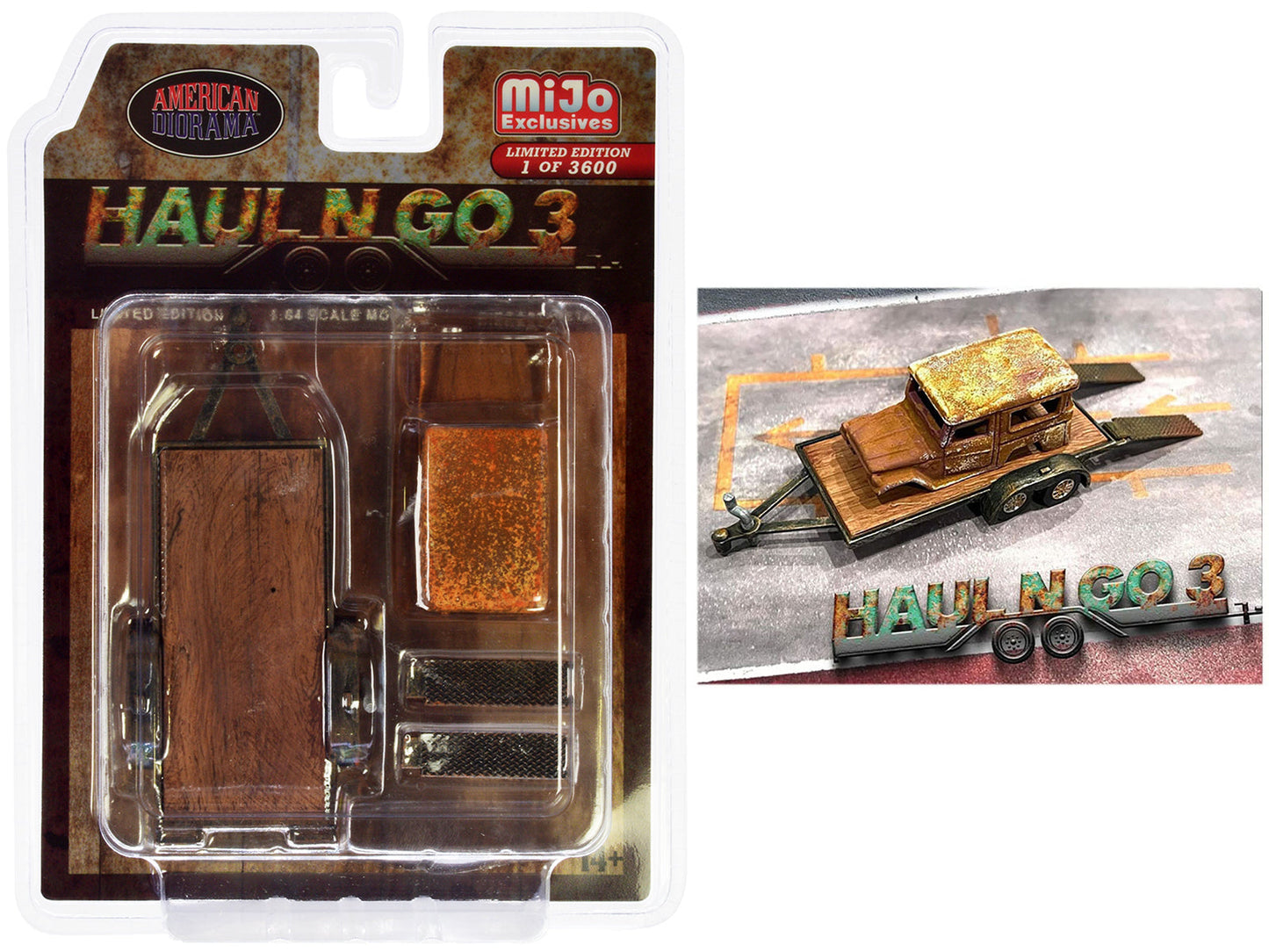 "Haul N Go 3" 4 piece Diecast Model Set (1 Flatbed Trailer 1 Abandoned Car 2 Ramps) Limited Edition to 3600 pieces Worldwide for 1/64 scale models