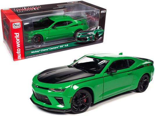 2017 Chevrolet Nickey Camaro SS 1LE Krypton Green with Matt Black Hood and Black Stripes 1/18 Diecast Model Car