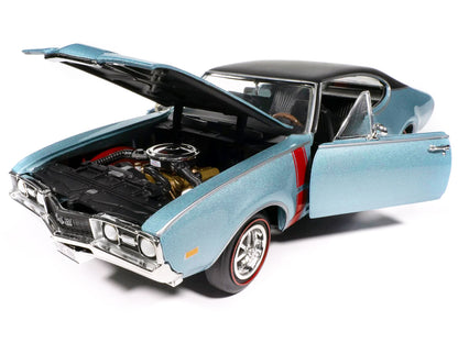1968 Oldsmobile 442 W30 Holiday Coupe Teal Frost Metallic with Red Stripes and Black Vinyl Top "Hemmings Motor News July 2023 Cover Car" "American Muscle" Series 1/18 Diecast Model Car