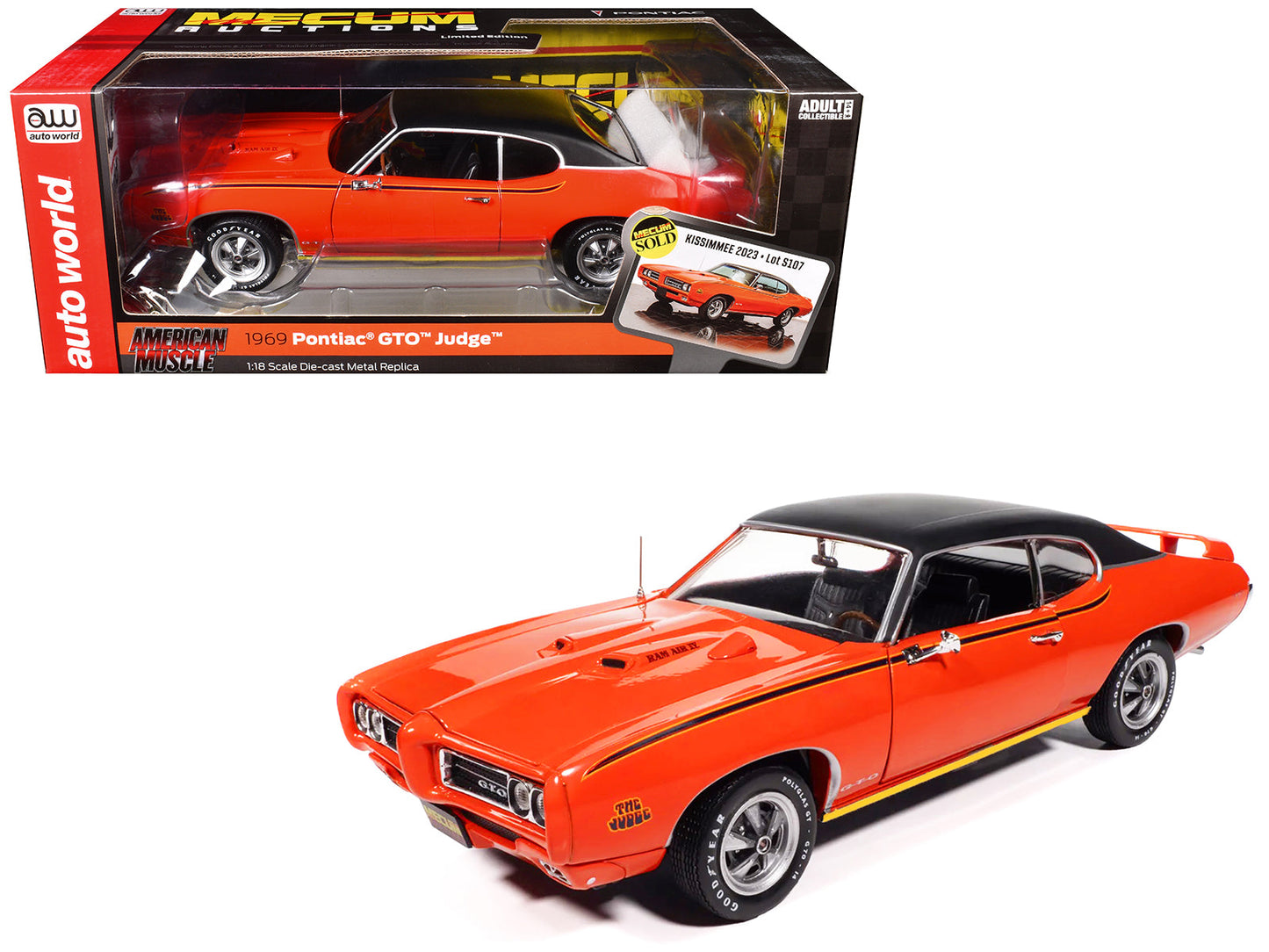 1969 Pontiac GTO Judge Carousel Red with Black Stripes and Black Vinyl Top "Mecum Auctions" "American Muscle" Series 1/18 Diecast Model Car