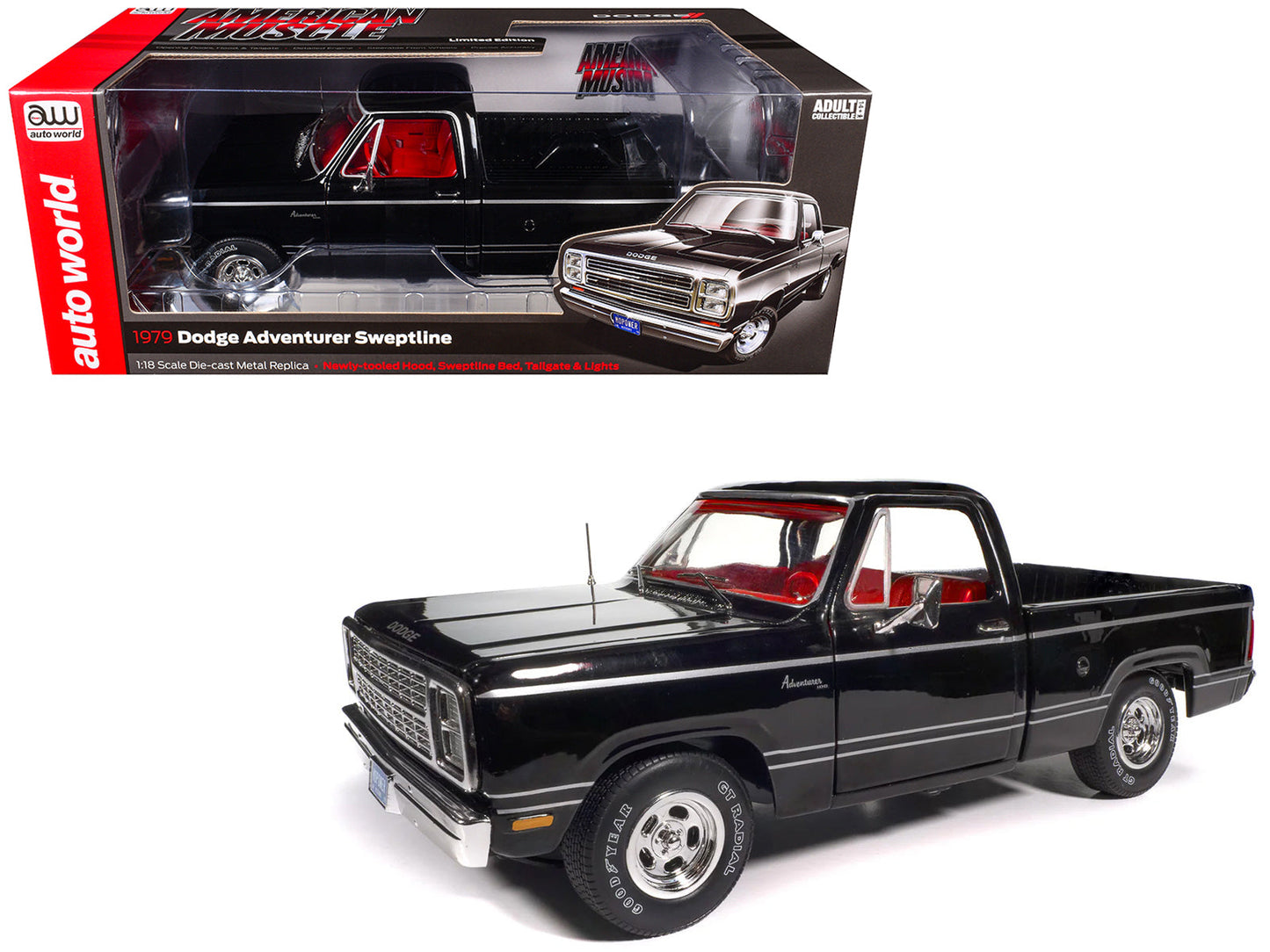 1979 Dodge Adventurer Sweptline Pickup Truck Black with Red Interior "American Muscle" Series 1/18 Diecast Model Car