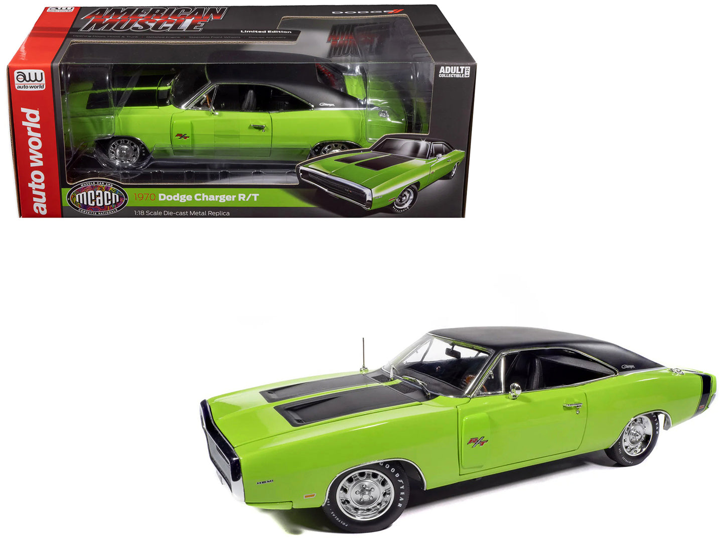 1970 Dodge Charger R/T "Muscle Car & Corvette Nationals" (MCACN) Sublime Green with Black Stripes and Black Vinyl Top "American Muscle" Series 1/18 Diecast Model Car