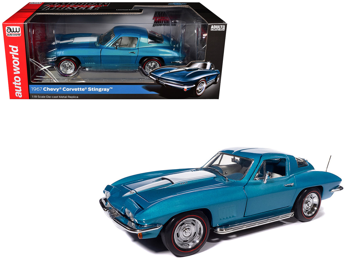 1967 Chevrolet Corvette Stingray Light Blue Metallic with White Hood Stripe "American Muscle" Series 1/18 Diecast Model Car