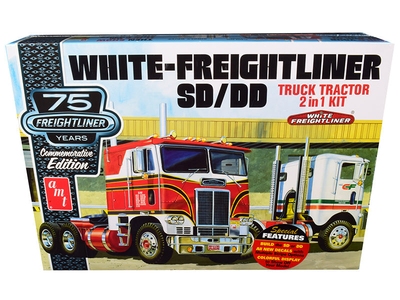 Skill 3 Model Kit White Freightliner SD/DD Truck Tractor 2-in-1 Kit with Display Base "75th Freightliner Anniversary" Commemorative Edition 1/25 Scale Model