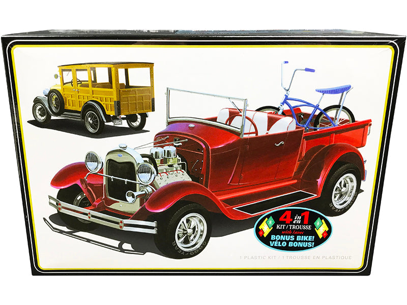 Skill 2 Model Kit 1929 Ford Woody Pickup 4-in-1 Kit with Bike 1/25 Scale Model