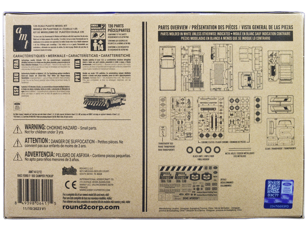 Skill 2 Model Kit 1963 Ford F-100 Camper Pickup Truck 3-in-1 Kit 1/25 Scale Model