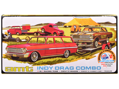 Skill 2 Model Kit Indy Drag Combo Chevrolet II Wagon and Funny Car with Trailer 3 in 1 Set 1/25 Scale Model