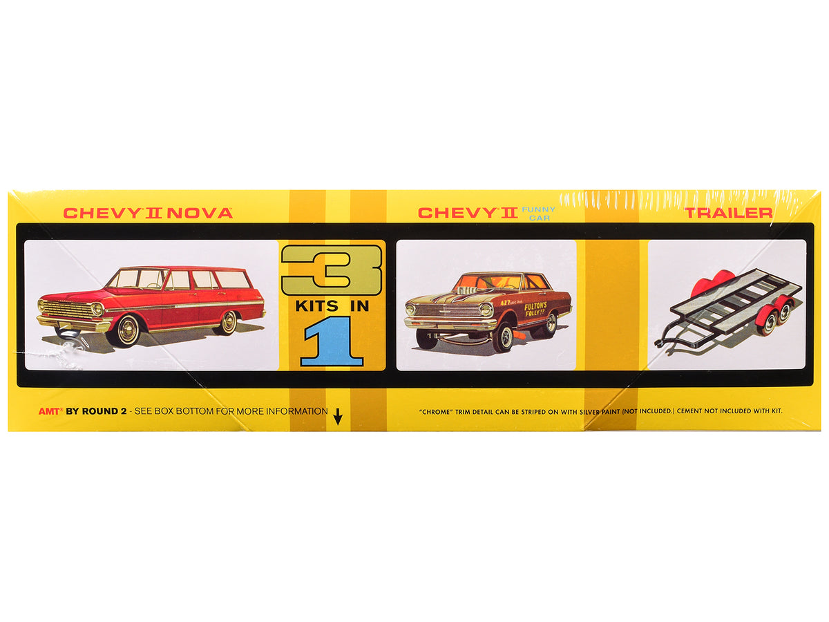 Skill 2 Model Kit Indy Drag Combo Chevrolet II Wagon and Funny Car with Trailer 3 in 1 Set 1/25 Scale Model