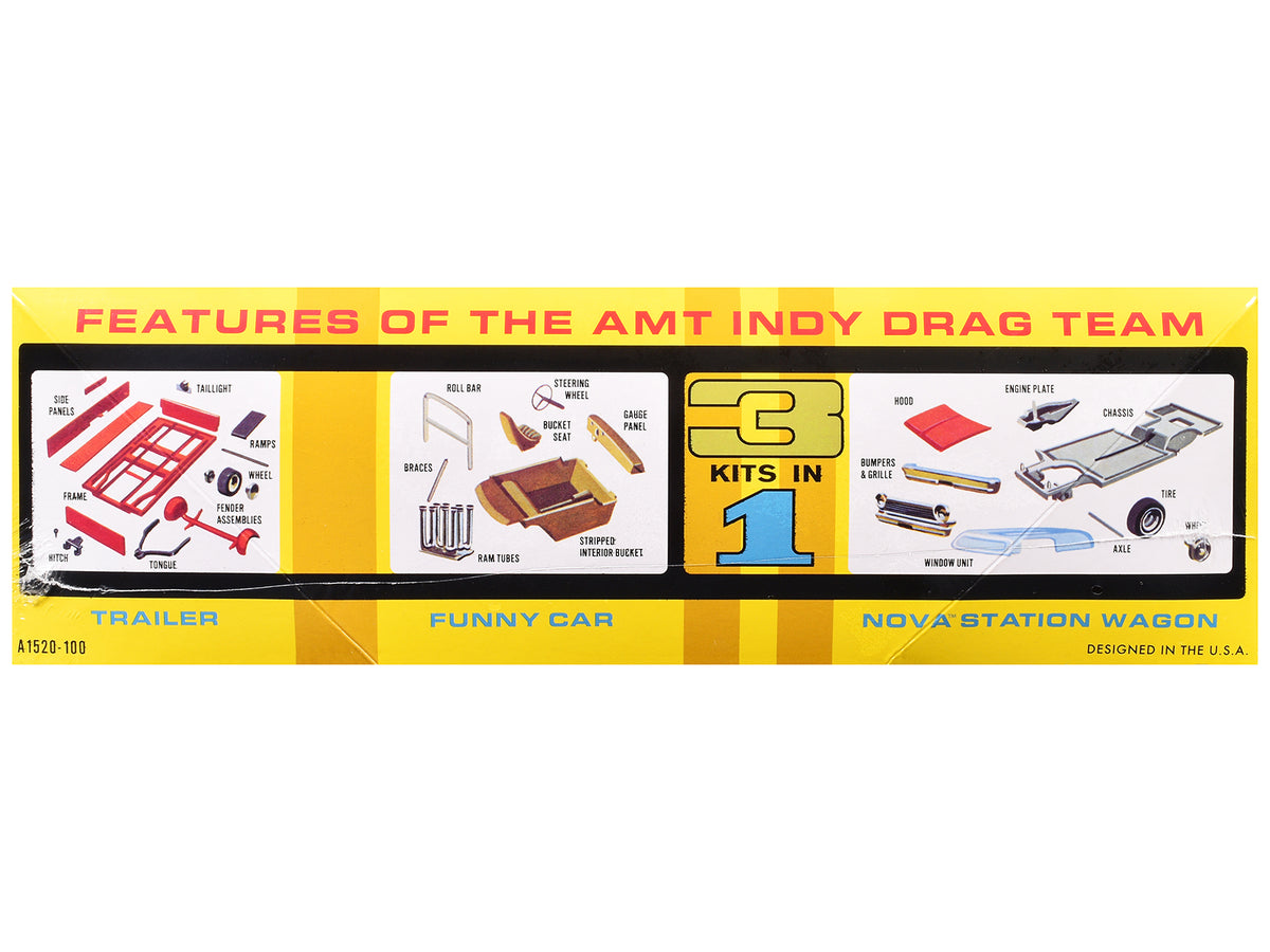 Skill 2 Model Kit Indy Drag Combo Chevrolet II Wagon and Funny Car with Trailer 3 in 1 Set 1/25 Scale Model
