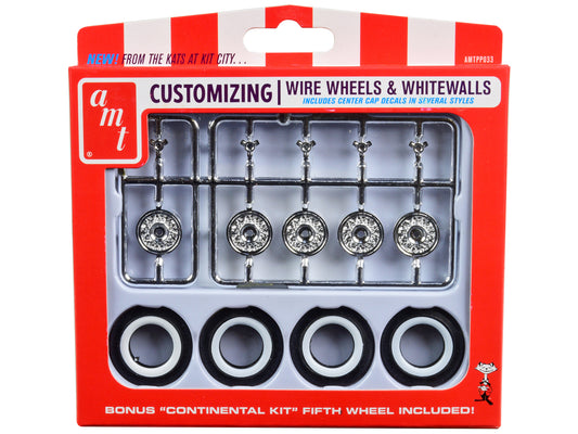 Skill 2 Model Kit Wire Wheels and Whitewall Tires Set of 5 Pieces for 1/25 Scale Models