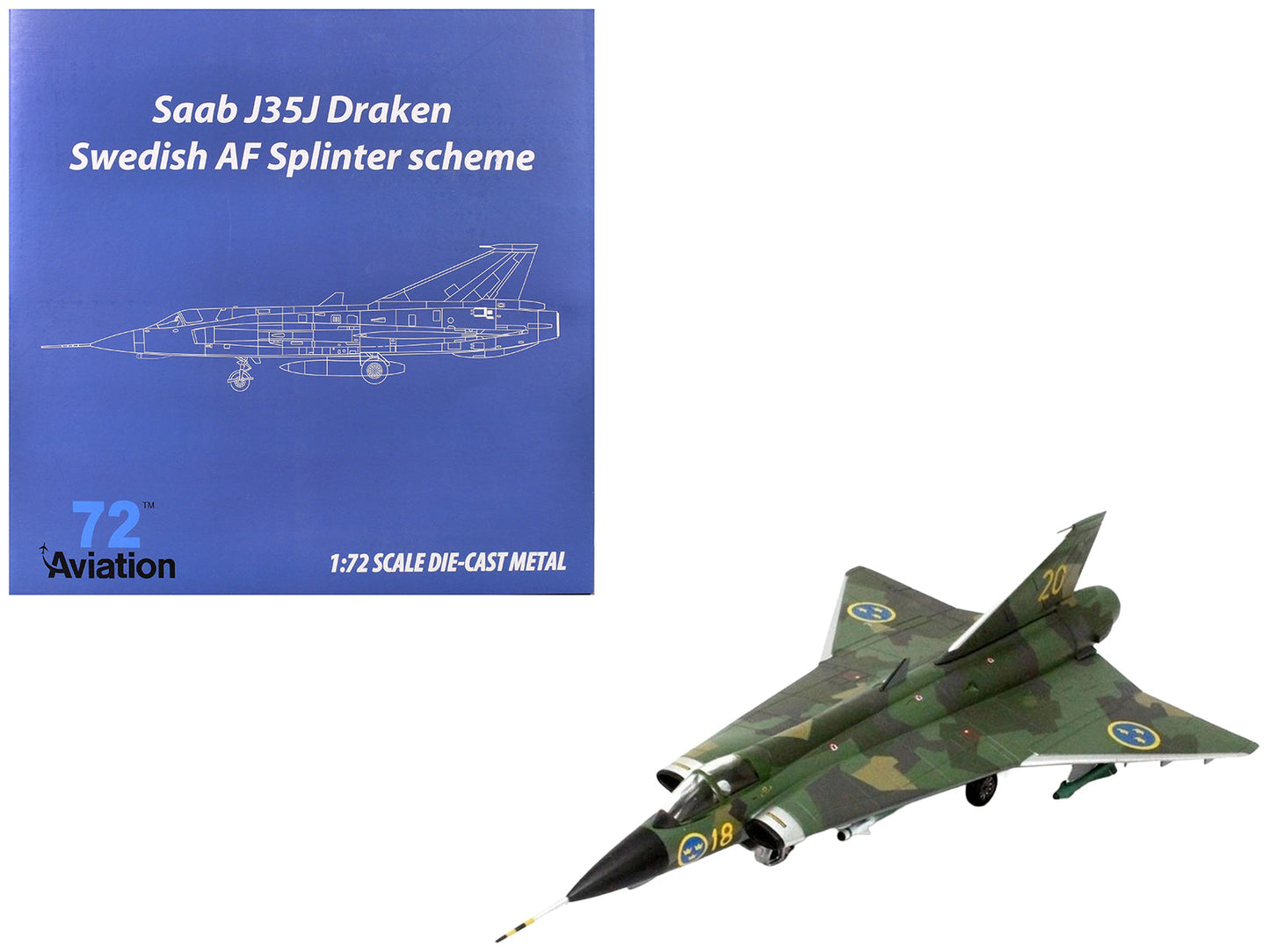 Saab J35J Draken Fighter Aircraft "Splinter Camouflage Scheme F 18 Sodertorn Wing" (1972) Swedish Air Force 1/72 Diecast Model Airplane