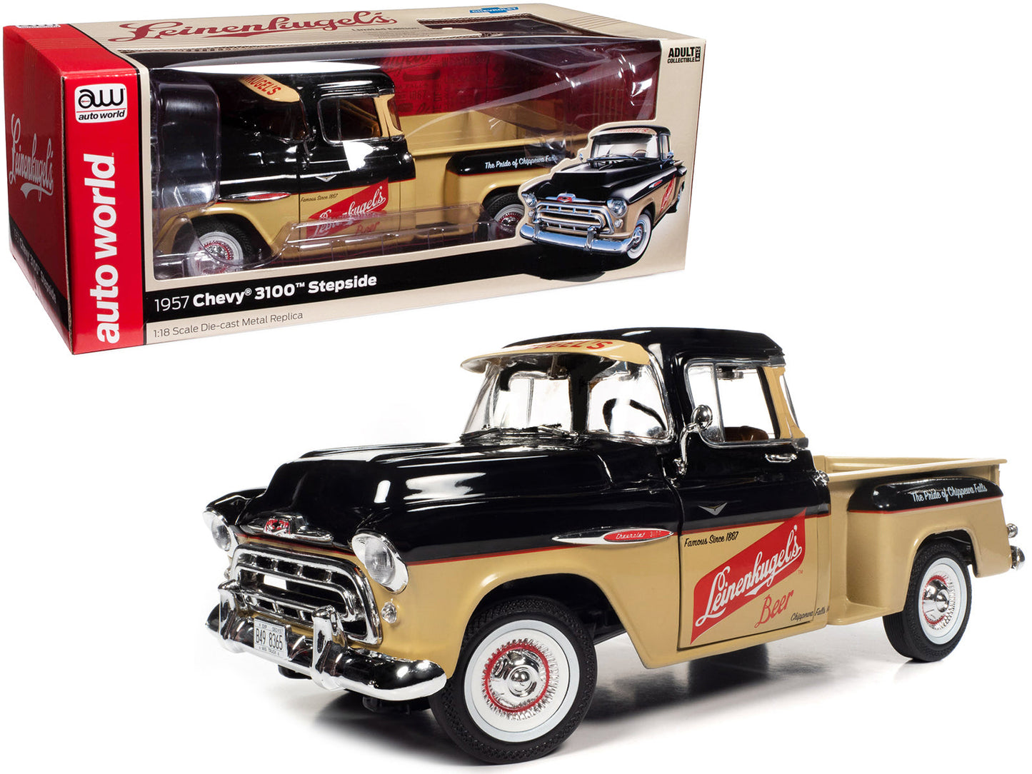 1957 Chevrolet 3100 Stepside Pickup Truck Black and Tan with Graphics "Leinenkugle's Beer The Pride of Chippewa Falls" 1/18 Diecast Model