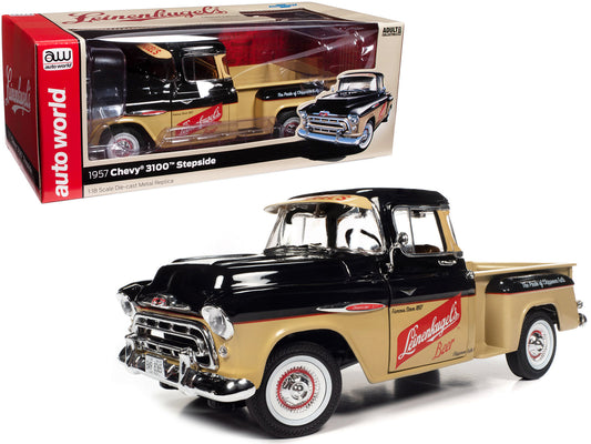 1957 Chevrolet 3100 Stepside Pickup Truck Black and Tan with Graphics "Leinenkugle's Beer The Pride of Chippewa Falls" 1/18 Diecast Model