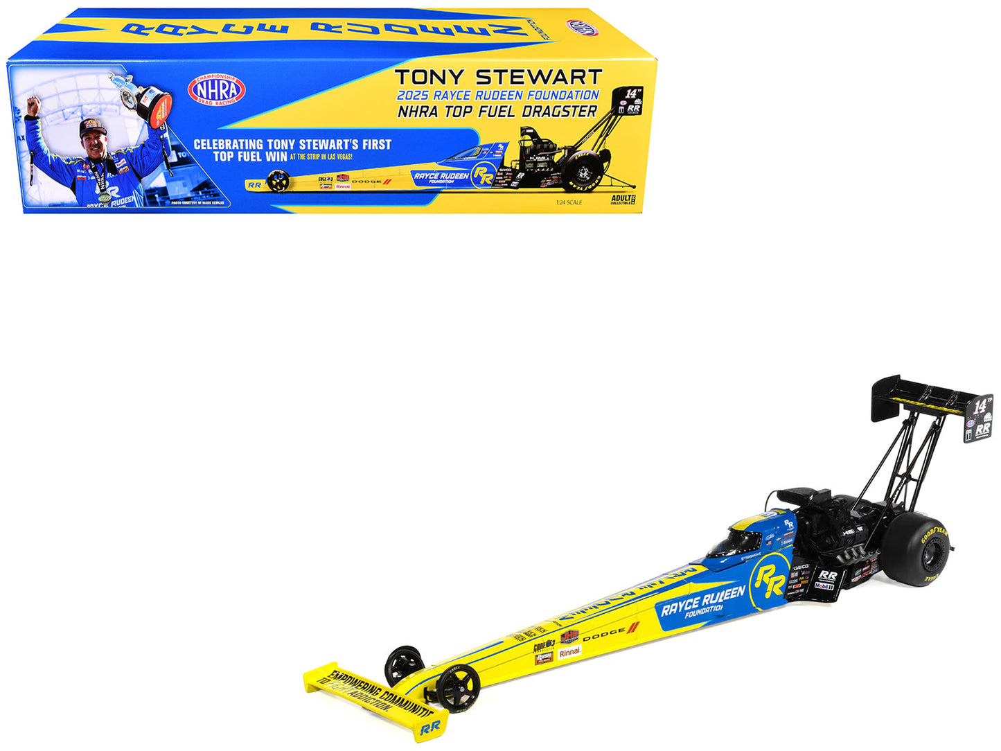 NHRA TFD (Top Fuel Dragster) #14TF Tony Stewart "Rayce Rudeen Foundation" Blue and Yellow (2025) 1/24 Diecast Model