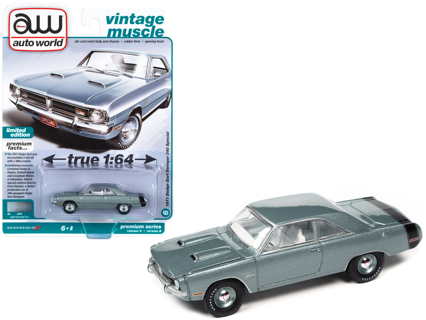 1971 Dodge Dart Swinger 340 Special Light Gunmetal Gray Metallic with Black Tail Stripe "Vintage Muscle" Limited Edition 1/64 Diecast Model Car
