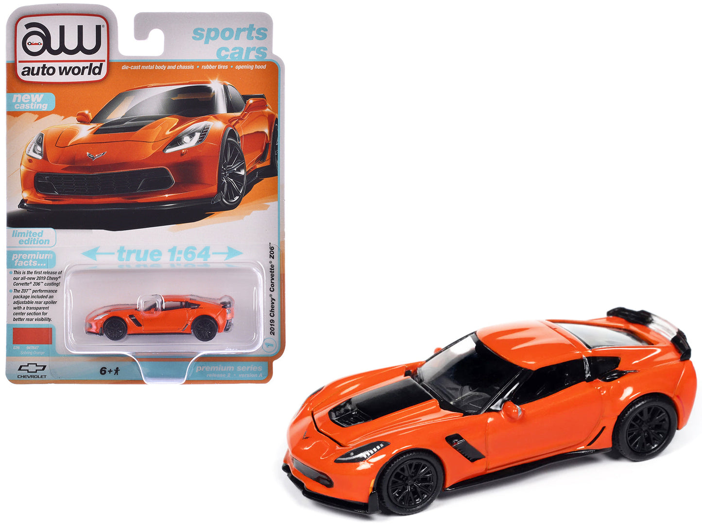 2019 Chevrolet Corvette Z06 Sebring Orange with Black Hood "Sports Cars" Series 1/64 Diecast Model Car