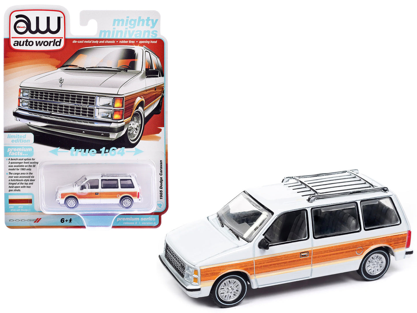 1985 Dodge Caravan Van White with Woodgrain Side Panels "Mighty Minivans" Series 1/64 Diecast Model Car