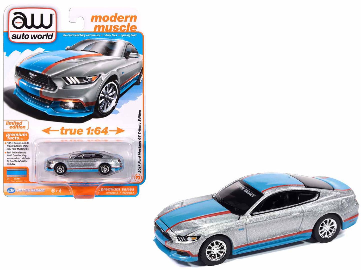 2017 Ford Mustang GT Tribute Edition "Petty's Garage" Ingot Silver Metallic with Petty Blue and Red Stripes "Modern Muscle" Series 1/64 Diecast Model Car