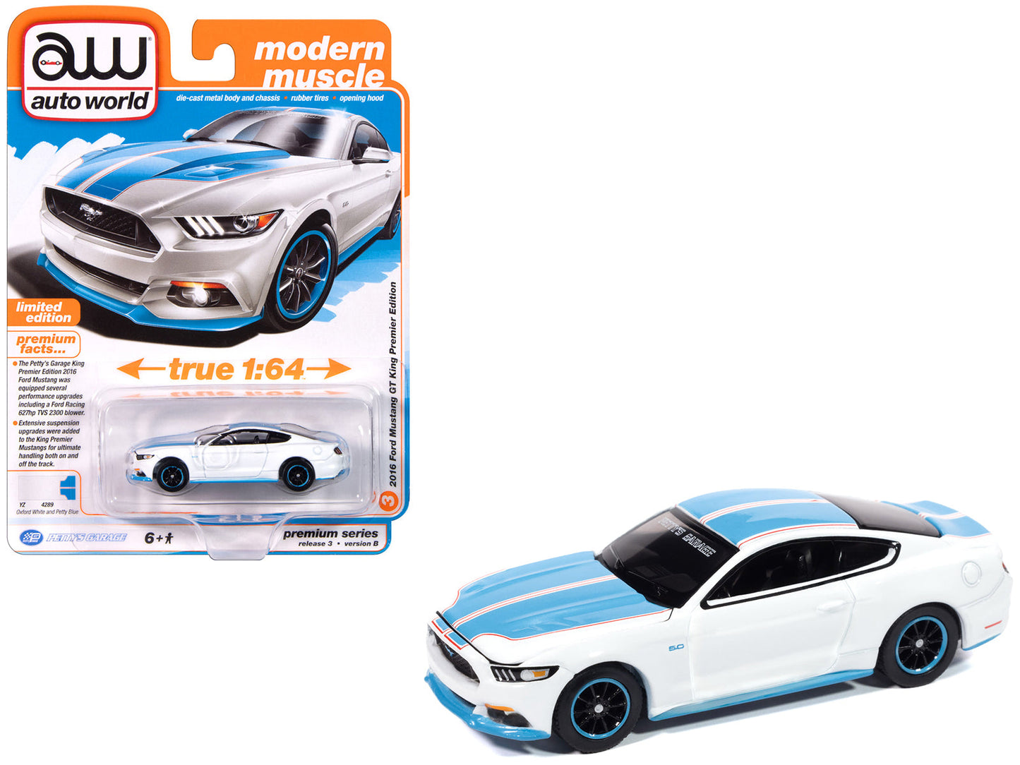 2016 Ford Mustang GT King Premier Edition "Petty's Garage" Oxford White with Petty Blue Stripes "Modern Muscle" Series 1/64 Diecast Model Car