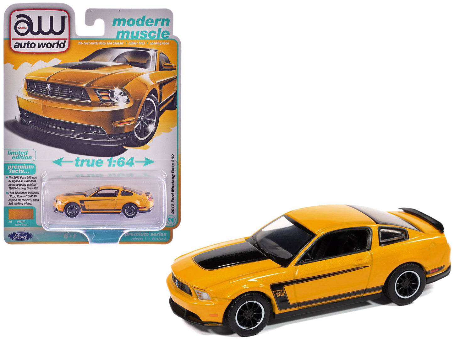 2012 Ford Mustang Boss 302 Yellow Blaze with Black Accents "Modern Muscle" Series 1/64 Diecast Model Car