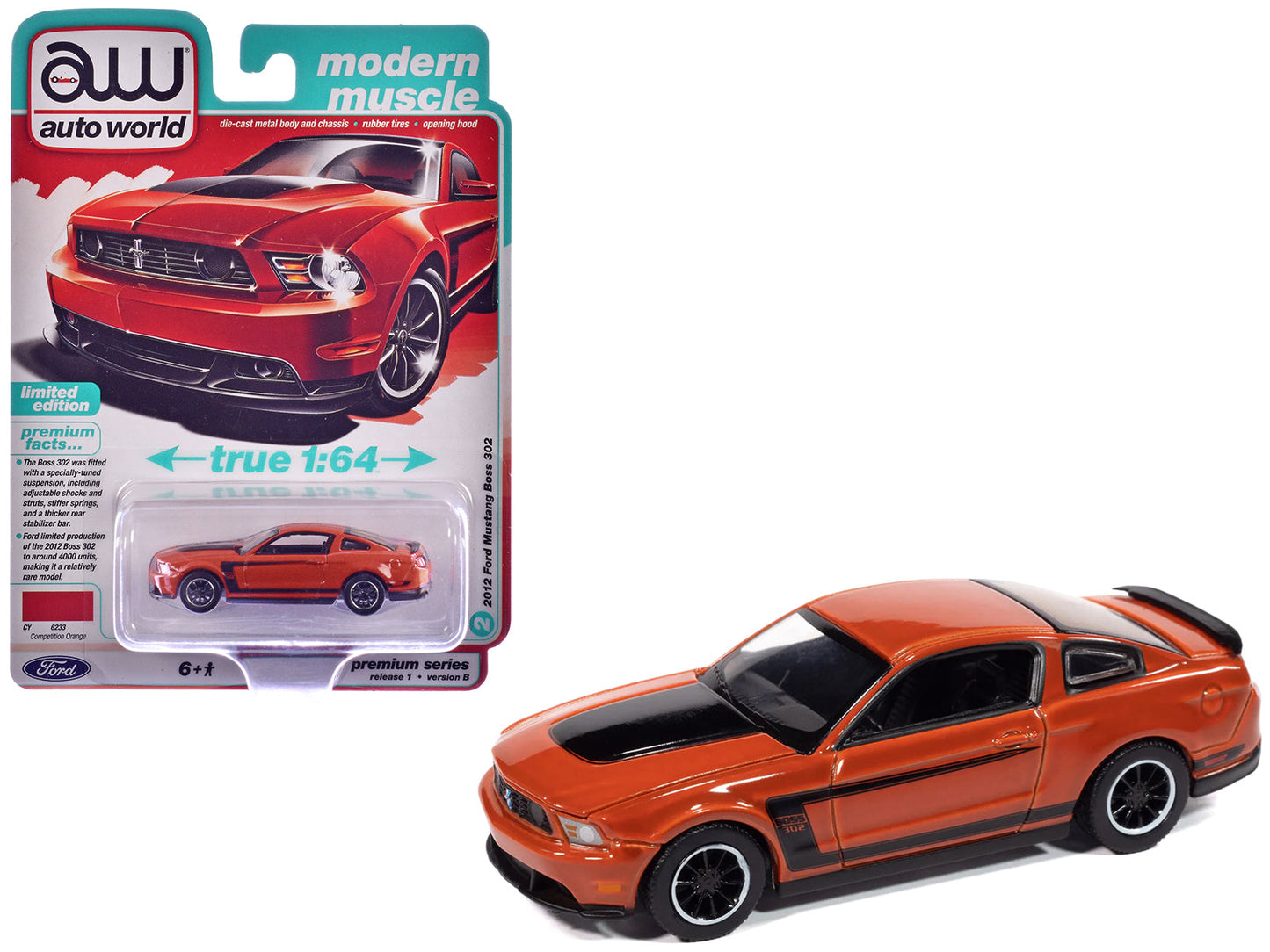 2012 Ford Mustang Boss 302 Competition Orange with Black Accents "Modern Muscle" Series 1/64 Diecast Model Car