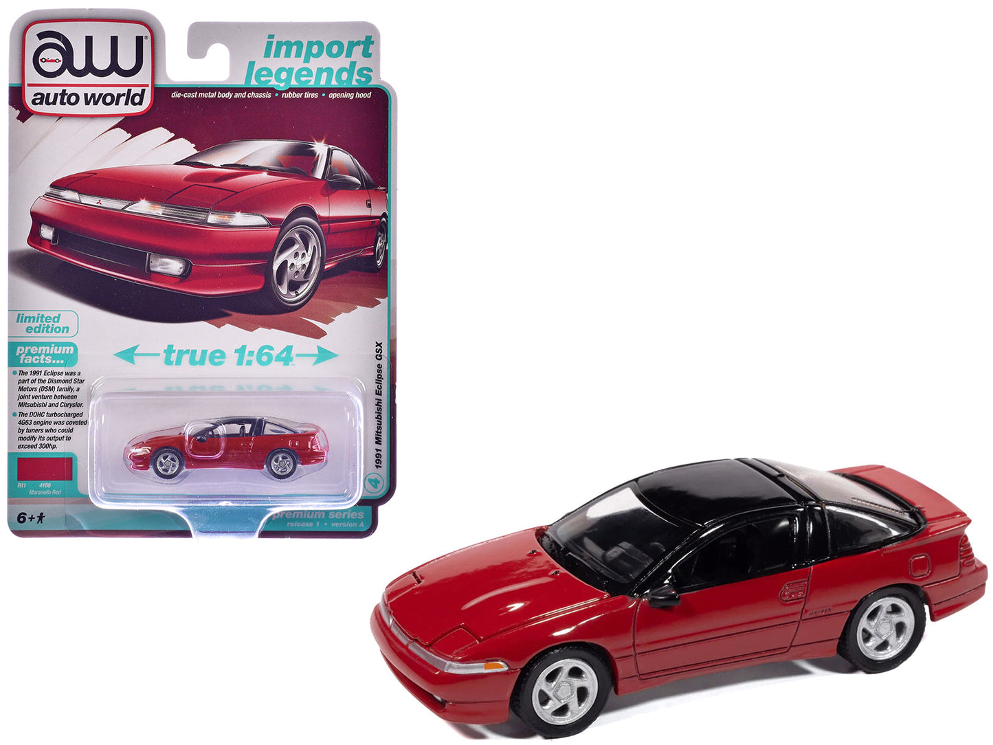 1991 Mitsubishi Eclipse GSX Maranello Red with Black Top "Import Legends" Series 1/64 Diecast Model Car