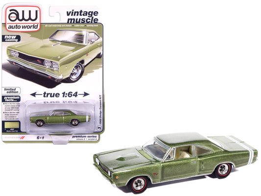 1968 Dodge Coronet R/T Medium Green Metallic with White Interior "Vintage Muscle" Series 1/64 Diecast Model Car