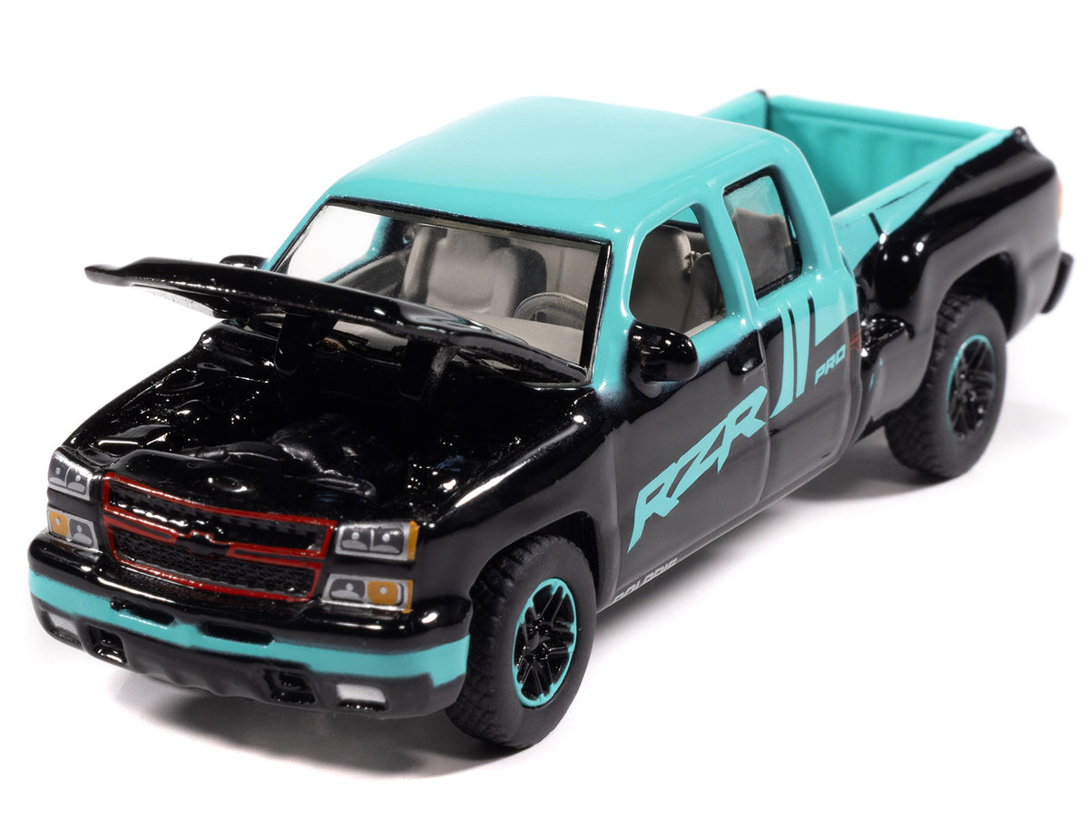 2006 Chevrolet Silverado Pickup Truck "Polaris RZR" Black and Blue "Big Country Collectibles" 2025 Series 1/64 Diecast Model Car