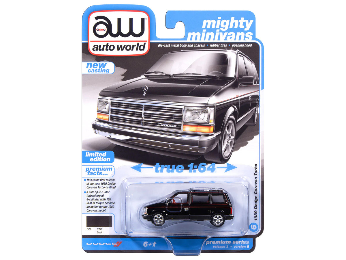 1989 Dodge Caravan Turbo Van Black with Red Stripes and Interior "Mighty Minivans" Series 1/64 Diecast Model Car