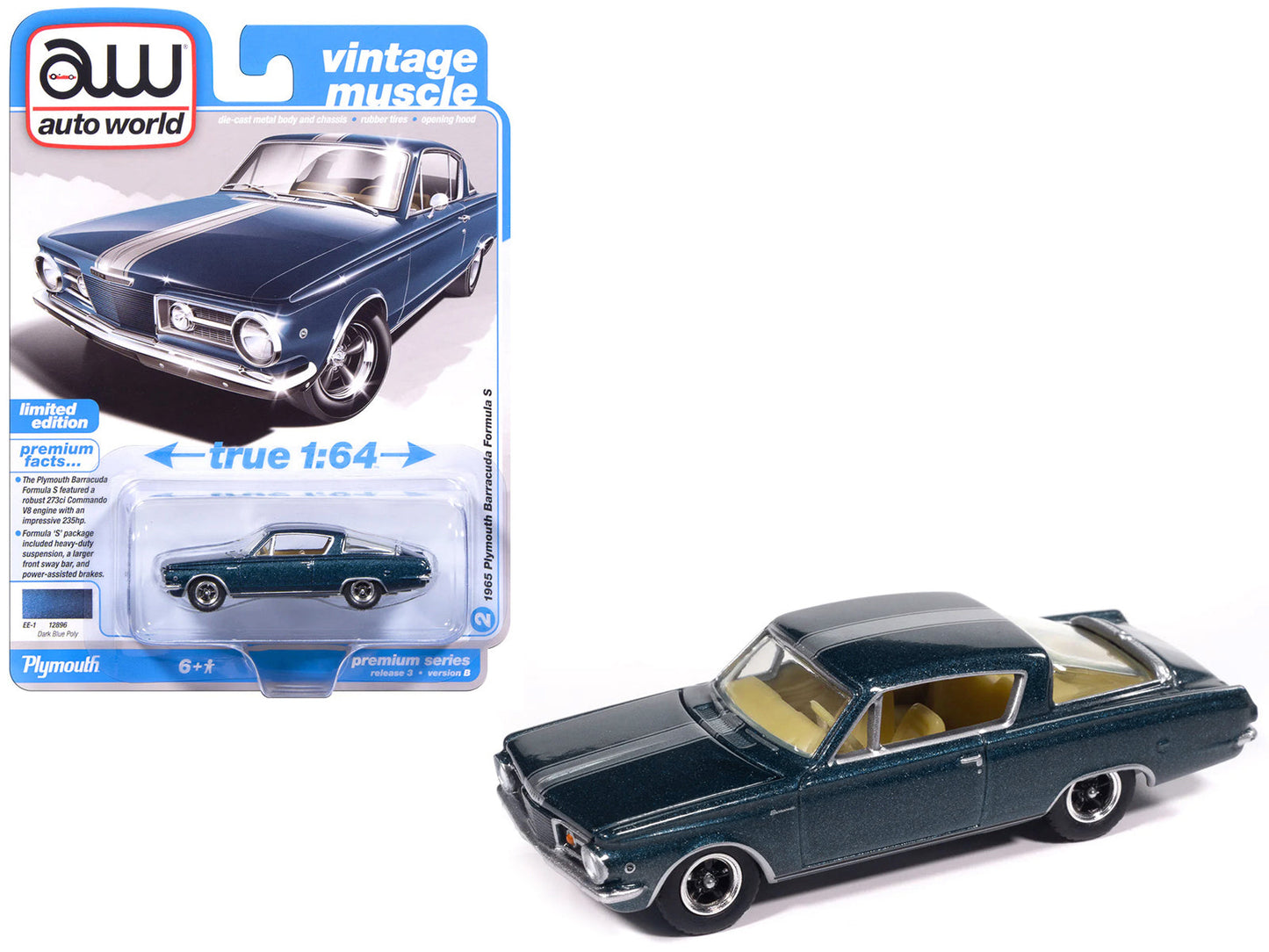1965 Plymouth Barracuda Formula S Dark Blue Metallic with Silver Stripe "Vintage Muscle" Series 1/64 Diecast Model Car