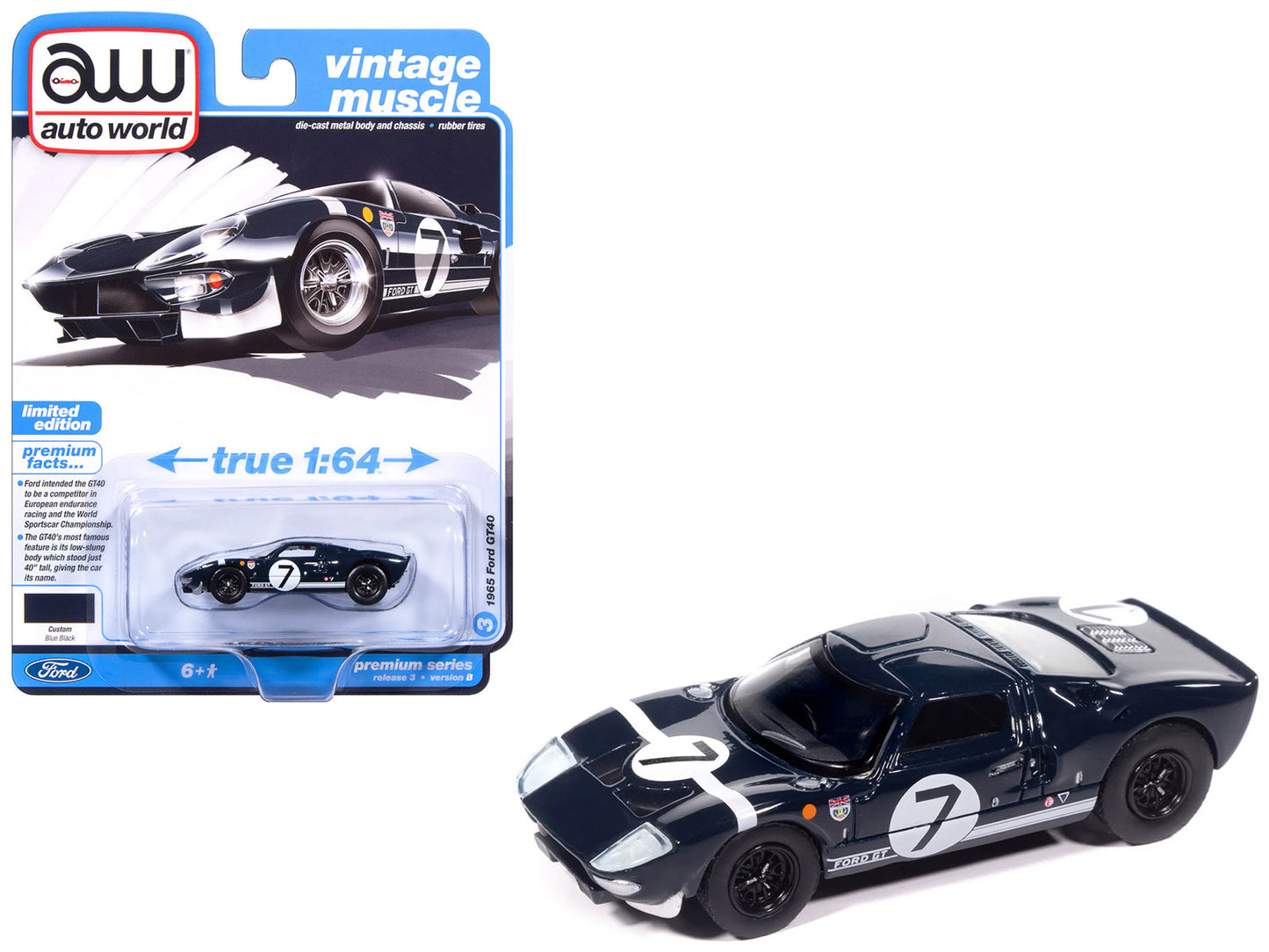 1965 Ford GT40 #7 Blue Black with White Stripes "Vintage Muscle" Series 1/64 Diecast Model Car
