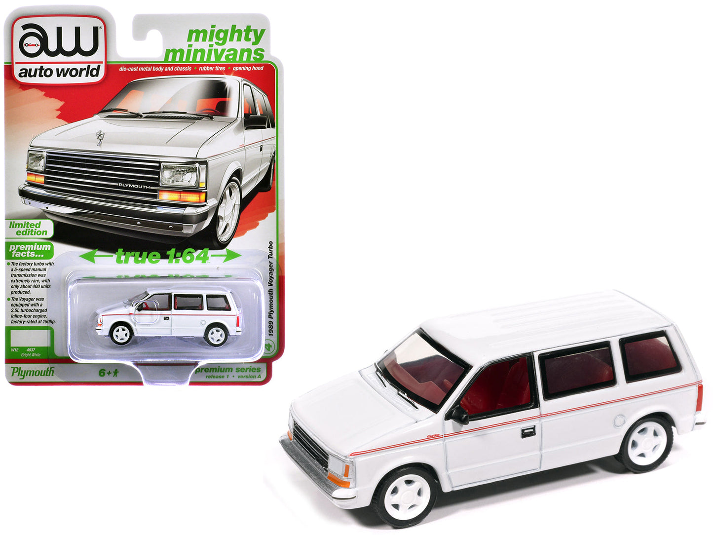 1989 Plymouth Voyager Turbo Van Bright White with Red Stripes and Interior "Mighty Minivans" Series 1/64 Diecast Model Car
