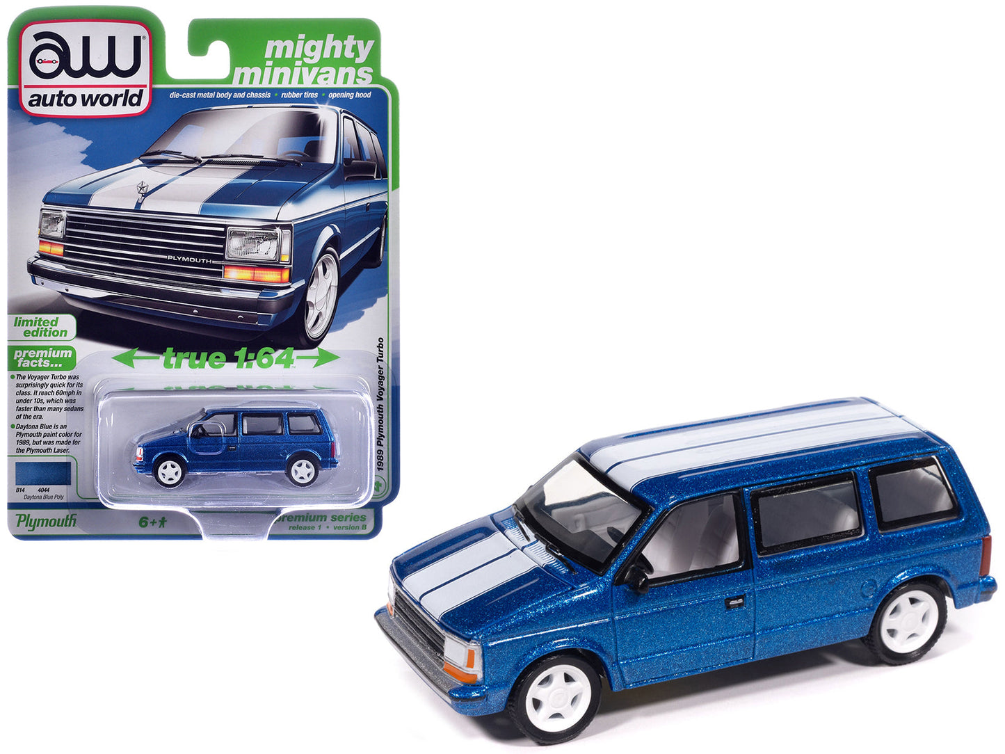 1989 Plymouth Voyager Turbo Van Daytona Blue Metallic with White Stripes and Interior "Mighty Minivans" Series 1/64 Diecast Model Car