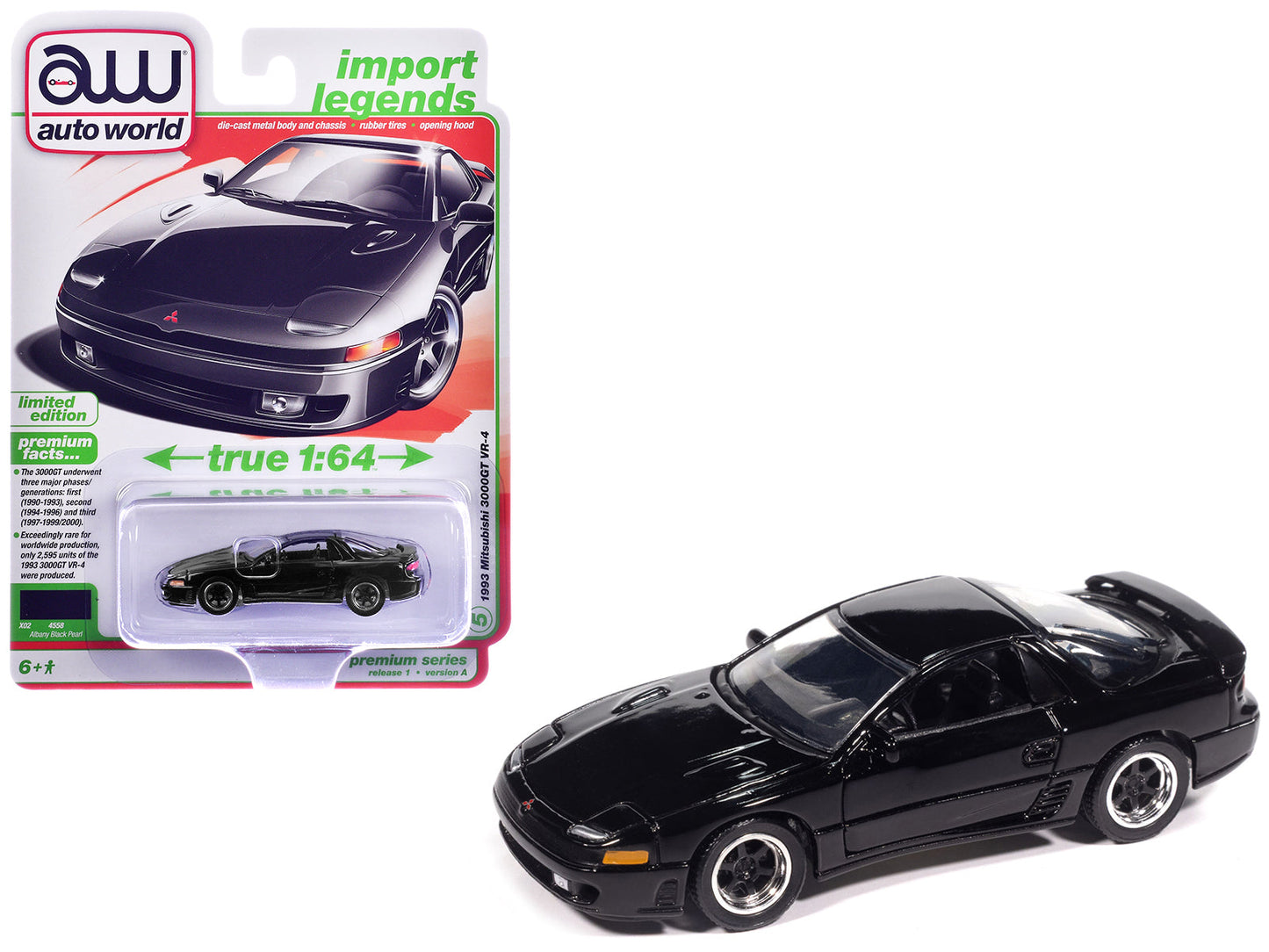 1993 Mitsubishi 3000GT VR-4 Albany Black Pearl "Import Legends" Series 1/64 Diecast Model Car