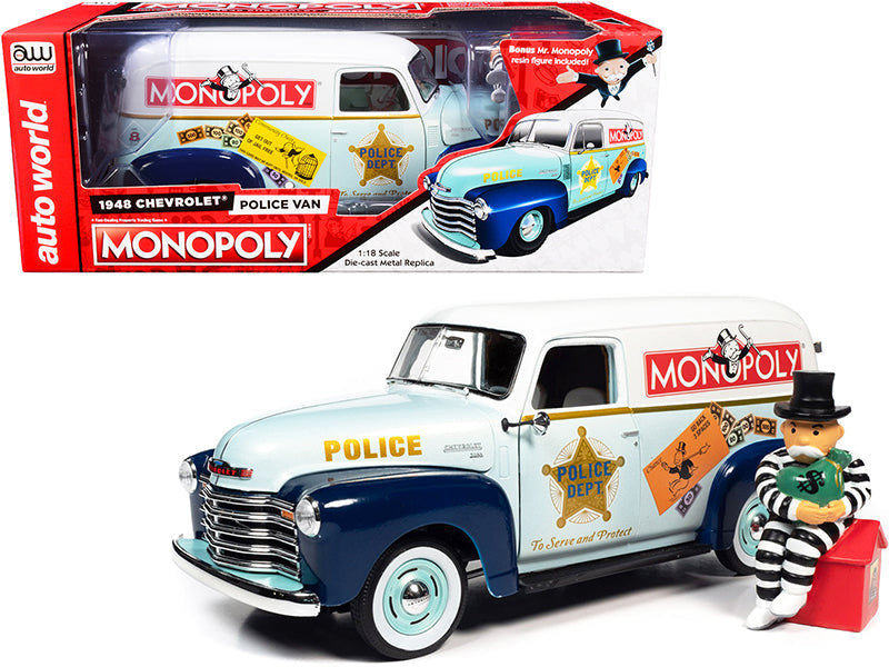 1948 Chevrolet Panel Police Van with Mr. Monopoly Figurine "Monopoly" 1/18 Diecast Model Car