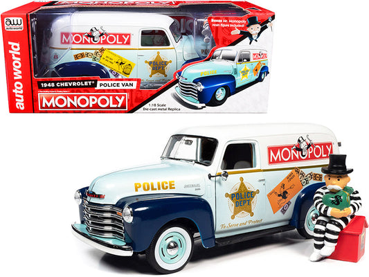 1948 Chevrolet Panel Police Van with Mr. Monopoly Figurine "Monopoly" 1/18 Diecast Model Car
