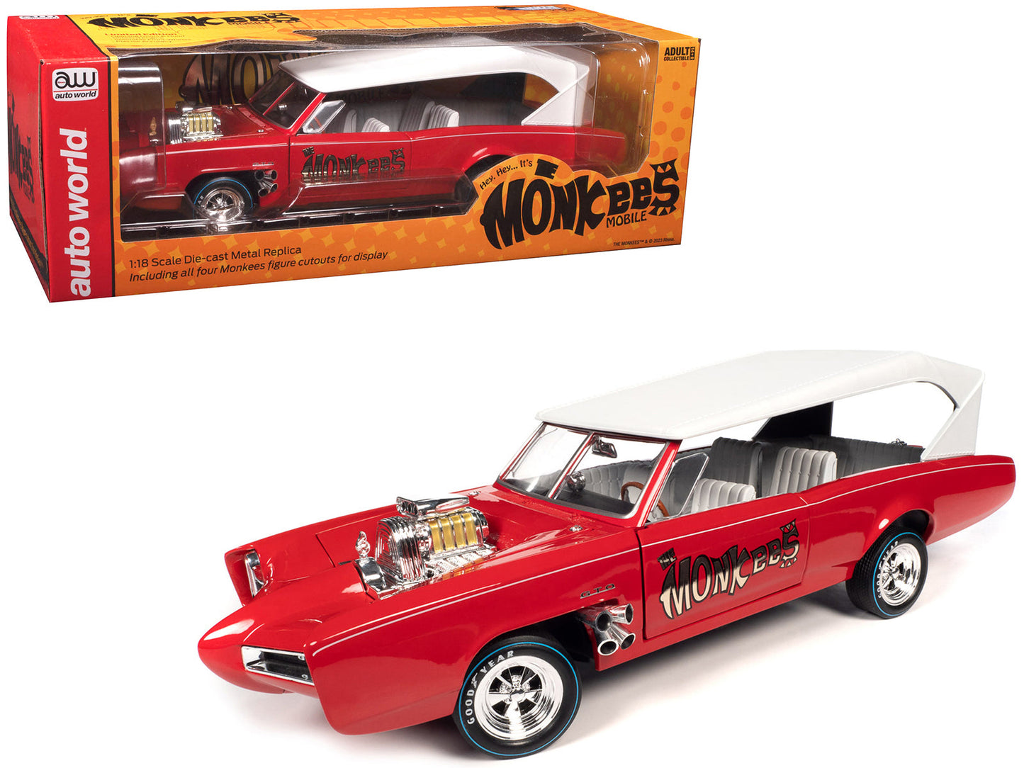 Monkeemobile Red with White Top and Interior "The Monkees" with Four Monkees Figure Cutouts "Silver Screen Machines" Series 1/18 Diecast Model Car