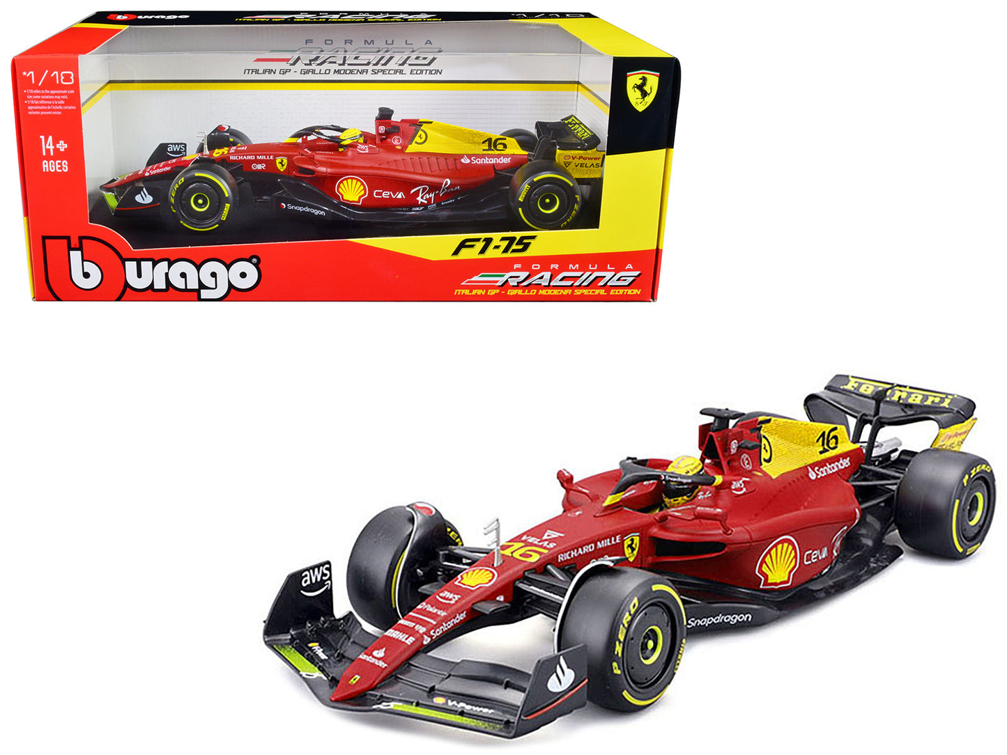 Ferrari F1-75 #16 Charles Leclerc "Giallo Modena" 2nd Place Formula One F1 Italian GP (2022) "Formula Racing" Series 1/18 Diecast Model Car
