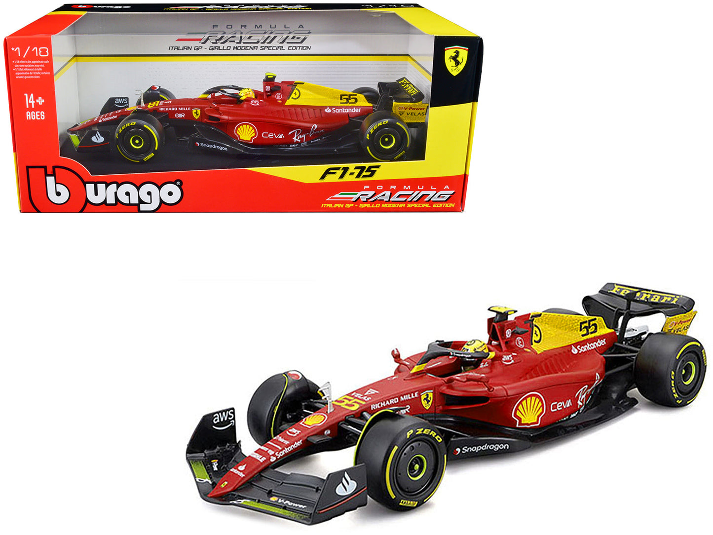 Ferrari F1-75 #55 Carlos Sainz "Giallo Modena" Formula One F1 Italian GP (2022) "Formula Racing" Series 1/18 Diecast Model Car