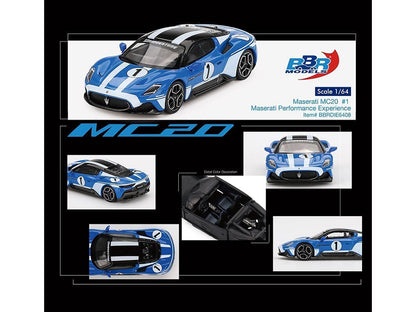 Maserati MC20 #1 Blue with White Stripes and Black Top "Maserati Performance Experience" 1/64 Diecast Model Car