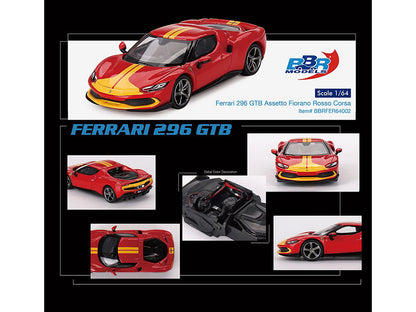Ferrari 296 GTB Assetto Fiorano Rosso Corsa Red with Yellow Stripes 1/64 Diecast Model Car