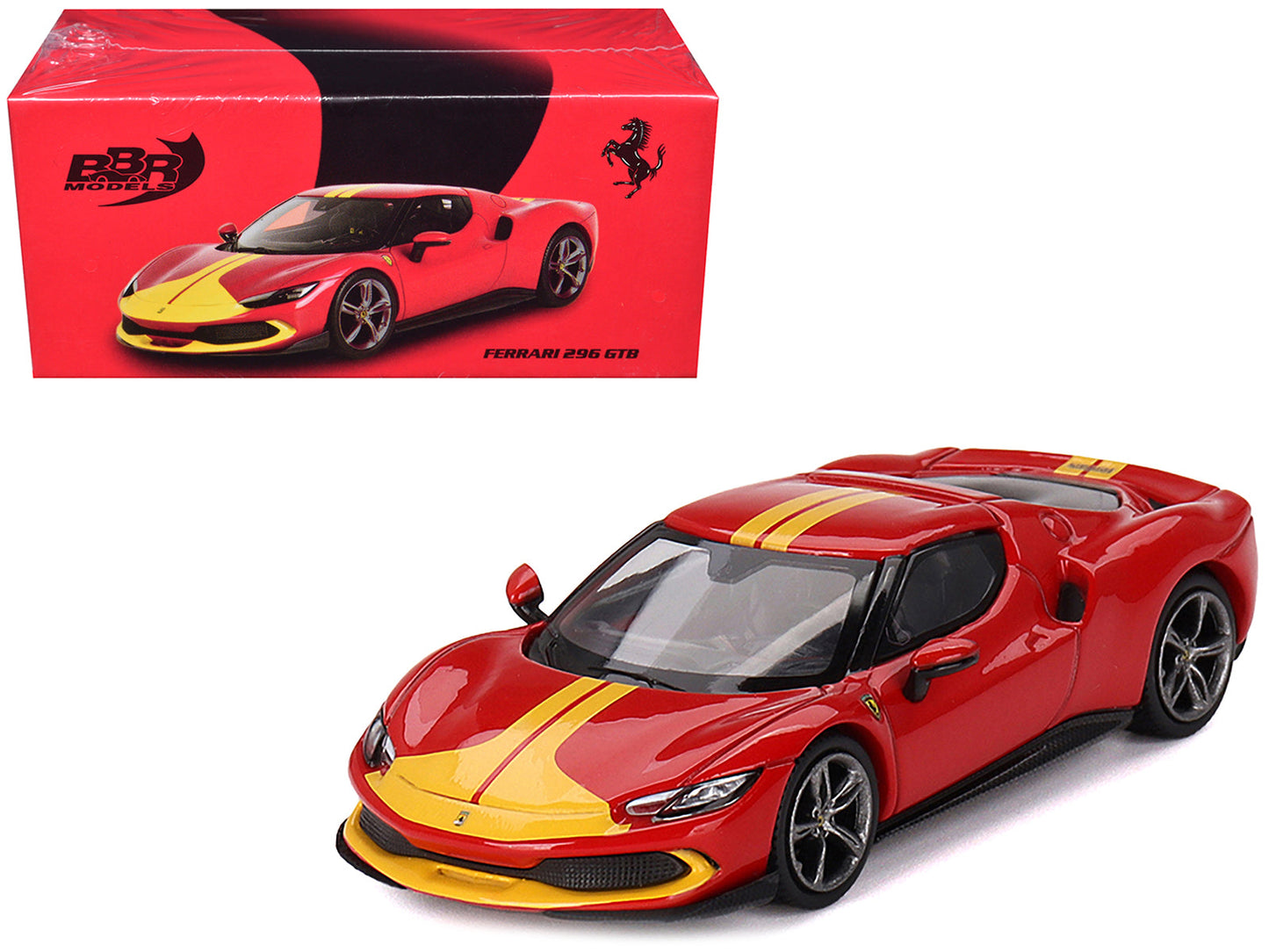 Ferrari 296 GTB Assetto Fiorano Rosso Corsa Red with Yellow Stripes 1/64 Diecast Model Car