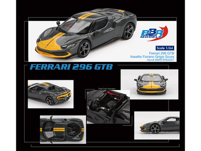Ferrari 296 GTB Assetto Fiorano Grigio Scuro (Dark Gray) with Yellow Stripes 1/64 Diecast Model Car
