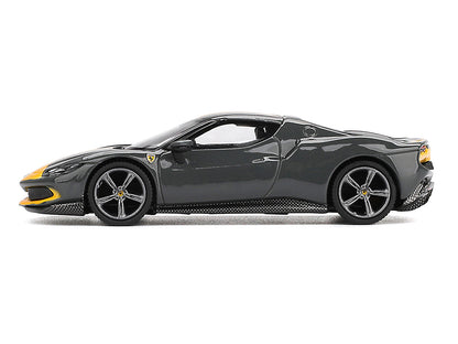 Ferrari 296 GTB Assetto Fiorano Grigio Scuro (Dark Gray) with Yellow Stripes 1/64 Diecast Model Car