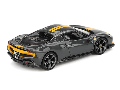 Ferrari 296 GTB Assetto Fiorano Grigio Scuro (Dark Gray) with Yellow Stripes 1/64 Diecast Model Car
