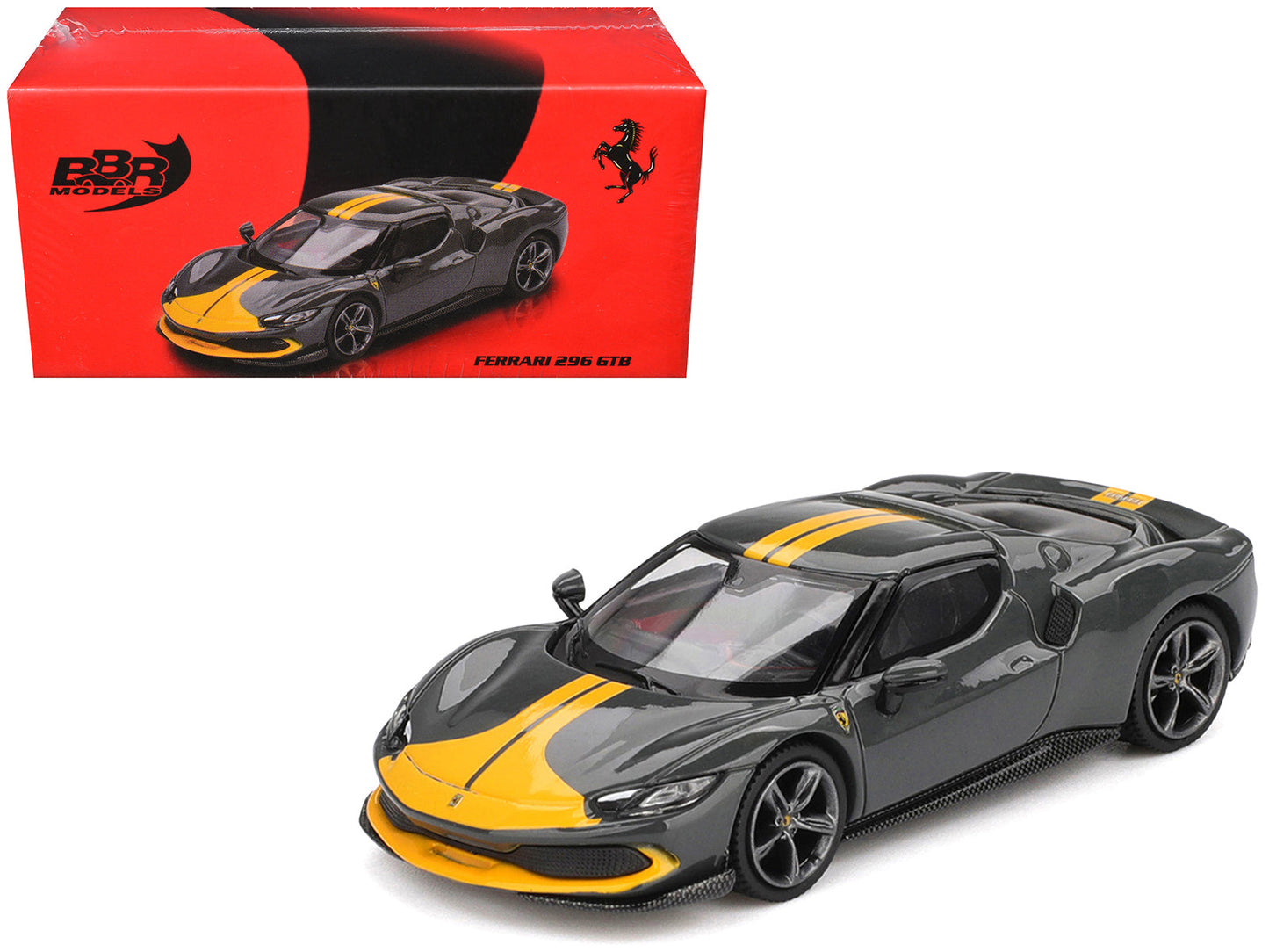 Ferrari 296 GTB Assetto Fiorano Grigio Scuro (Dark Gray) with Yellow Stripes 1/64 Diecast Model Car