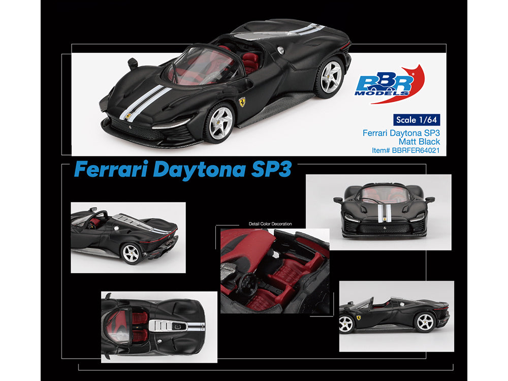 Ferrari Daytona SP3 Matt Black with White Stripes and Red Interior 1/64 Diecast Model Car