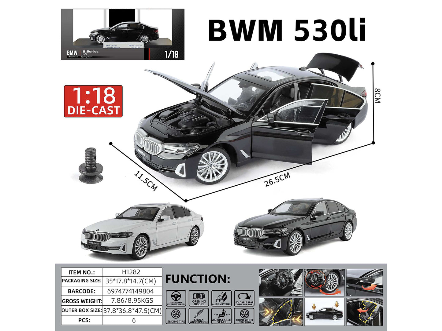 BMW 5 Series LCI Black Metallic with Moonroof 1/18 Diecast Model Car