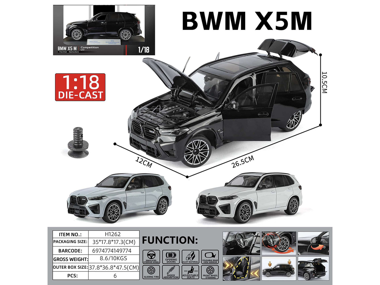 BMW X5 M Competition LCI Black Metallic with Moonroof 1/18 Diecast Model Car