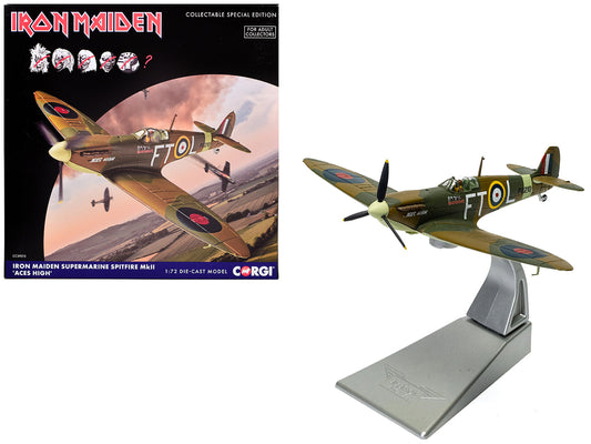 Supermarine Spitfire Mk.II Fighter Aircraft "Iron Maiden 'Aces High'" Green Camouflage with Graphics 1/72 Diecast Model